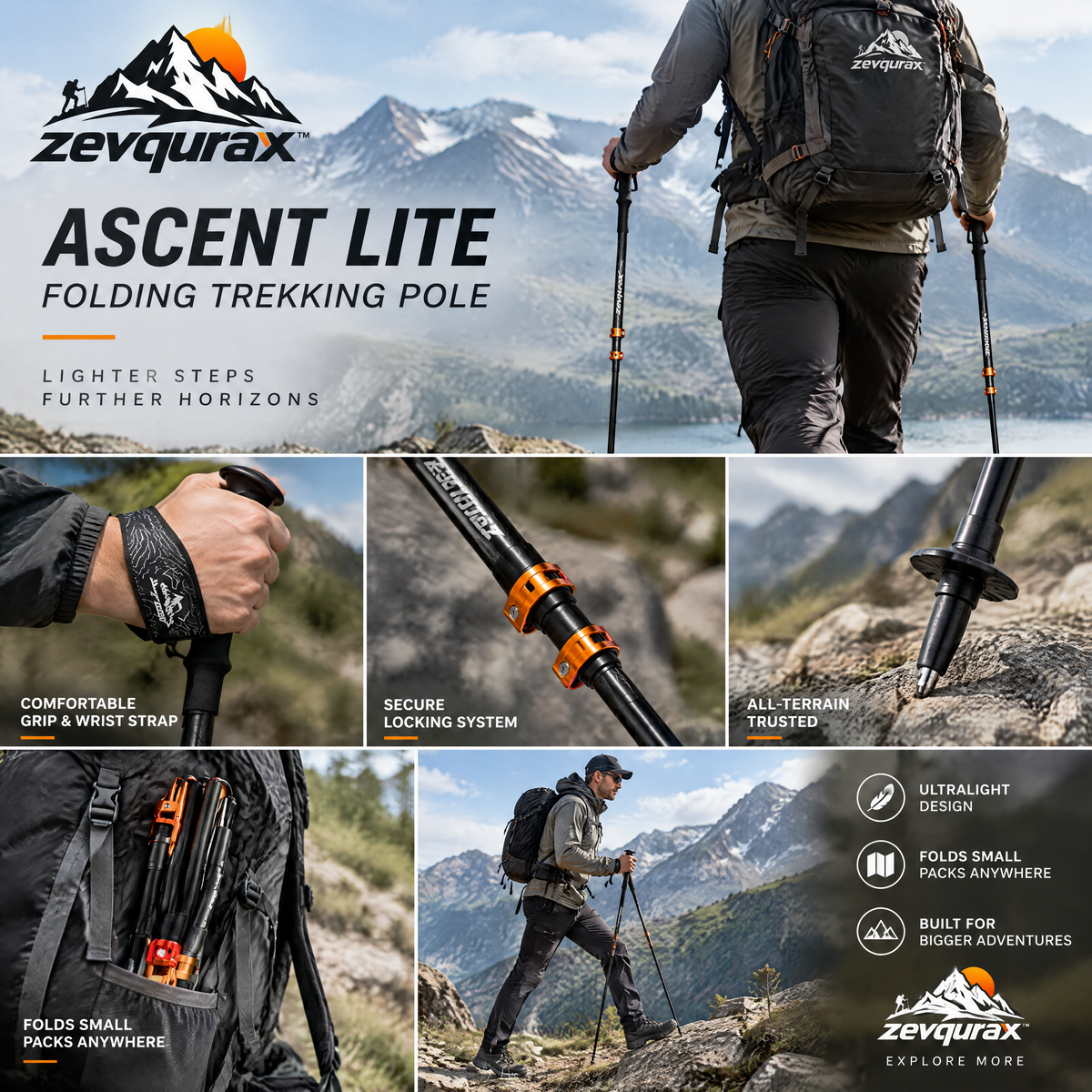 𝒛𝒆𝒗𝒒𝒖𝒓𝒂𝒙™ Ascent Lite Folding Trekking Pole — view 2